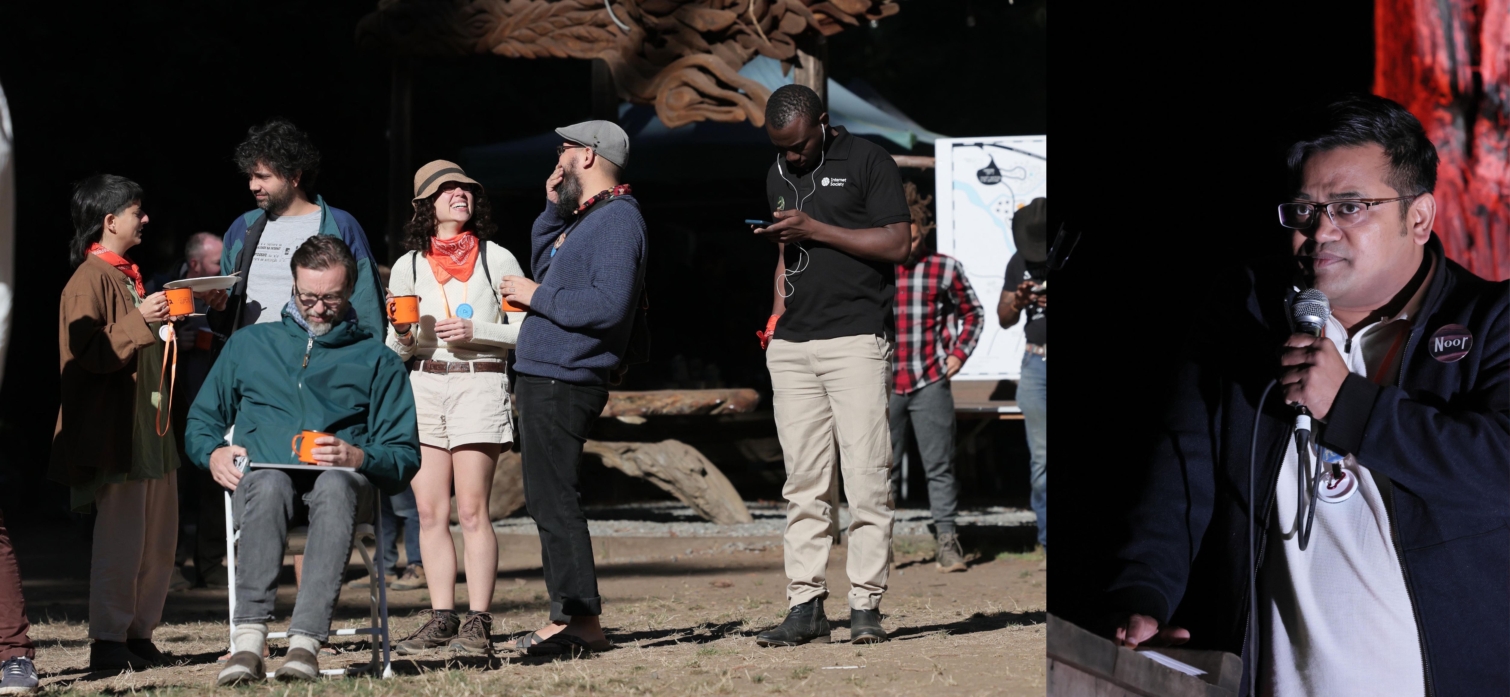People looking at a paper during building the camp